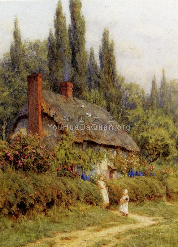 Children On A Path Outside A Thatched Cottage, West Horsley, Surrey - 海伦·玛丽·伊丽莎白·阿林厄姆